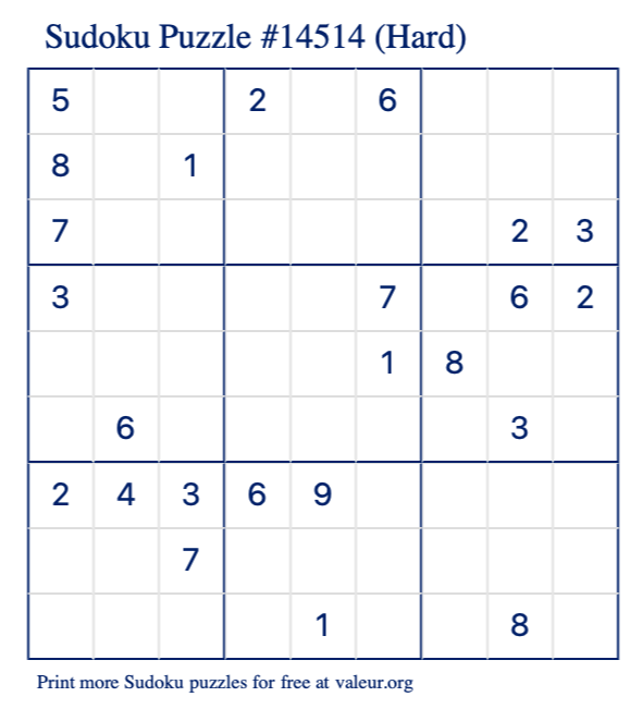 Free Printable Hard Sudoku Puzzle number 14514