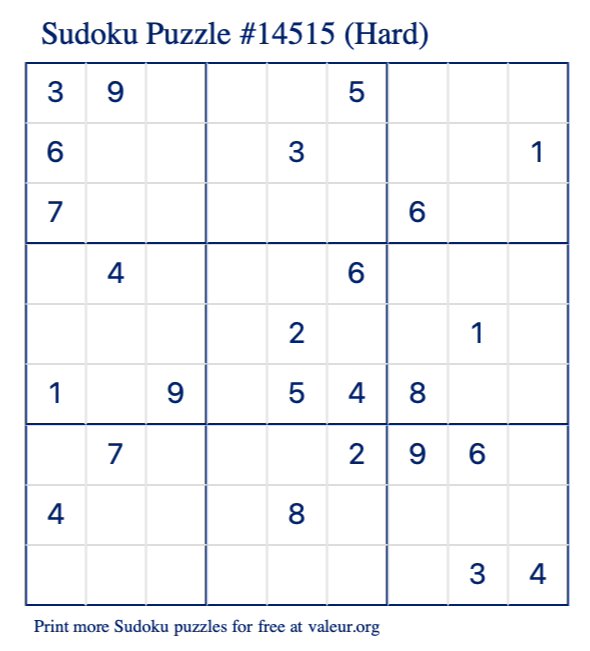 Free Printable Hard Sudoku Puzzle number 14515