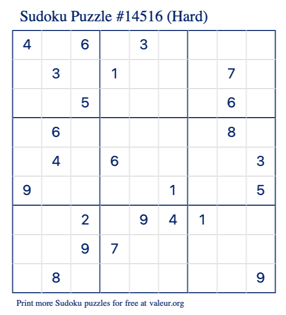 Free Printable Hard Sudoku Puzzle number 14516