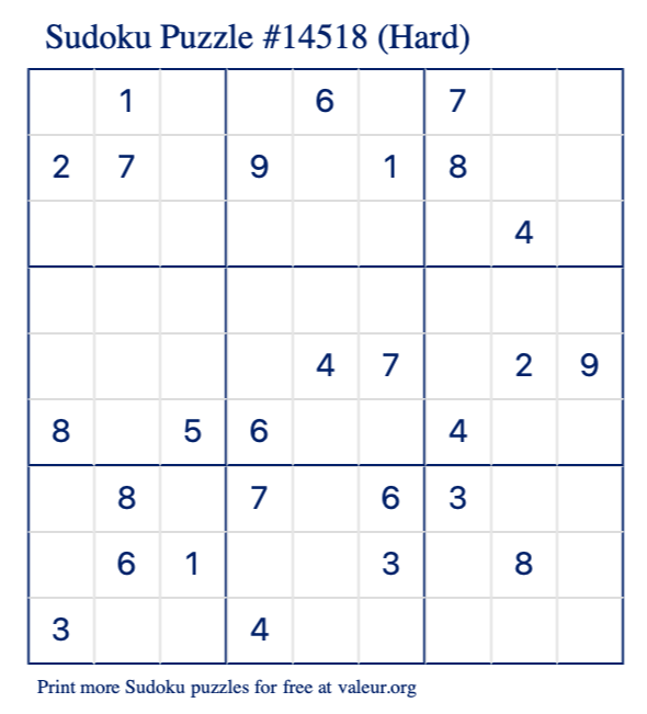 Free Printable Hard Sudoku Puzzle number 14518