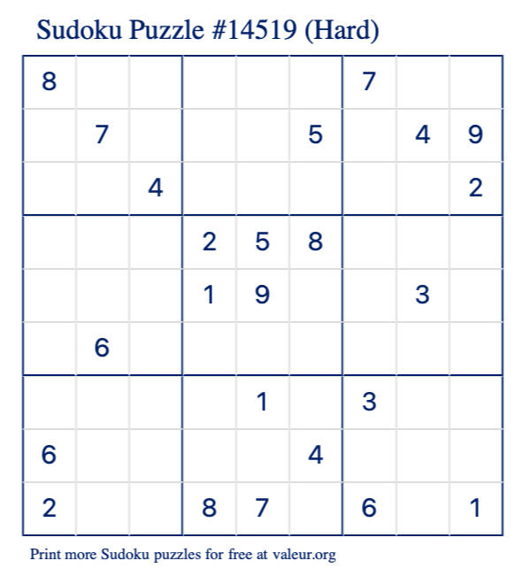 Free Printable Hard Sudoku Puzzle number 14519