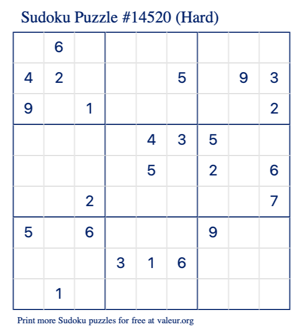 Free Printable Hard Sudoku Puzzle number 14520