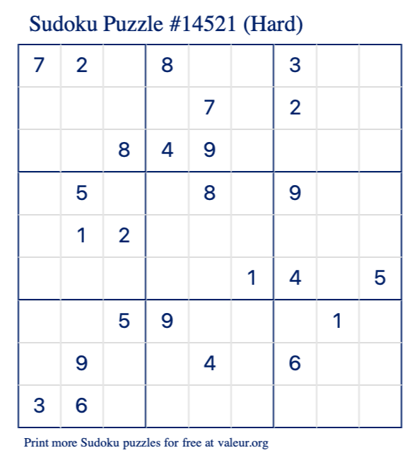 Free Printable Hard Sudoku Puzzle number 14521