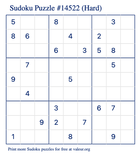 Free Printable Hard Sudoku Puzzle number 14522