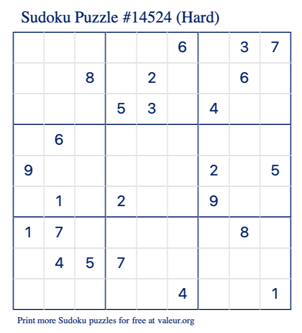 Free Printable Hard Sudoku Puzzle number 14524