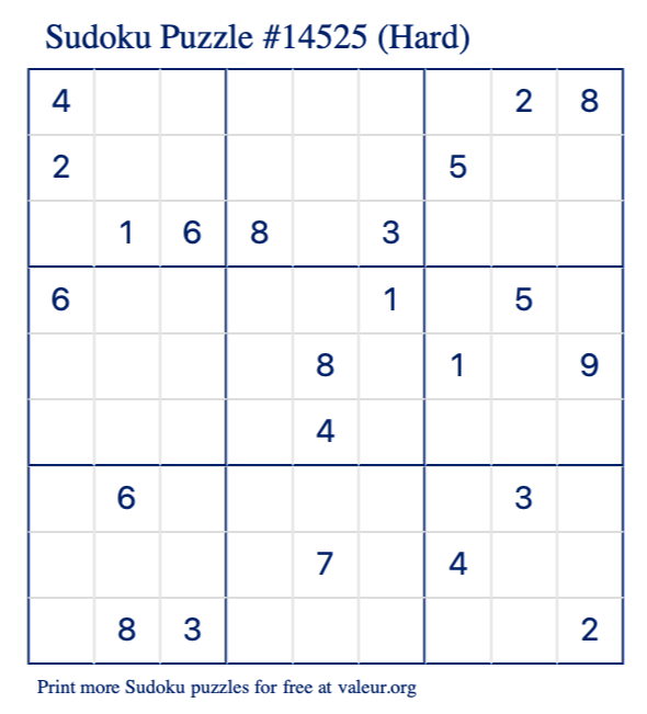 Free Printable Hard Sudoku Puzzle number 14525