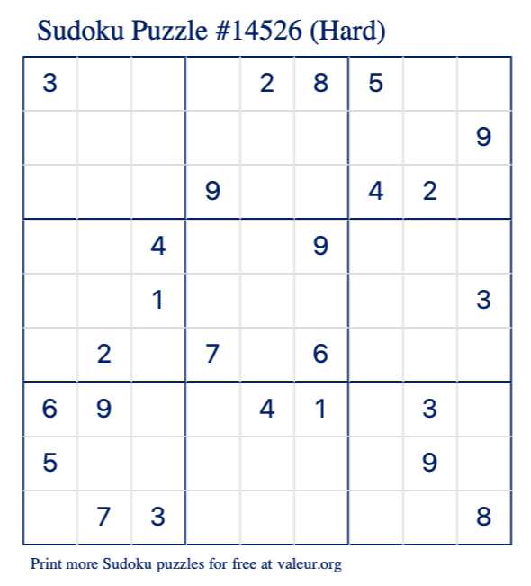 Free Printable Hard Sudoku Puzzle number 14526