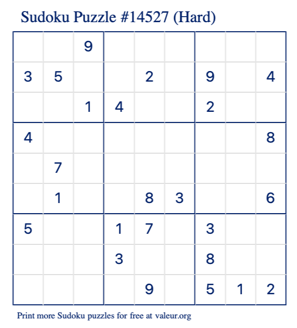 Free Printable Hard Sudoku Puzzle number 14527