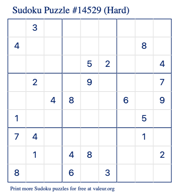 Free Printable Hard Sudoku Puzzle number 14529