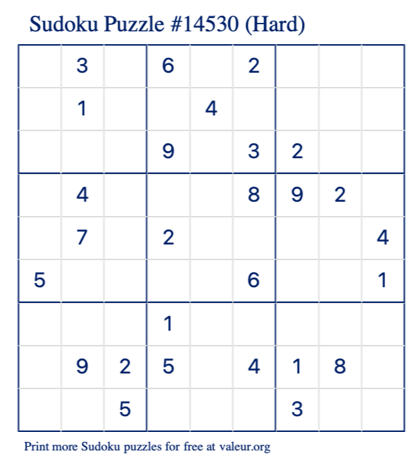 Free Printable Hard Sudoku Puzzle number 14530