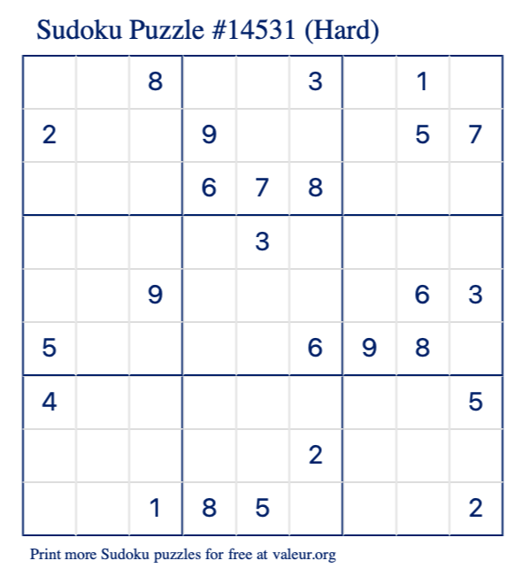Free Printable Hard Sudoku Puzzle number 14531