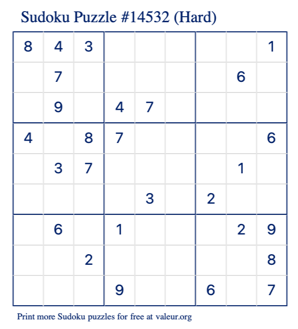 Free Printable Hard Sudoku Puzzle number 14532