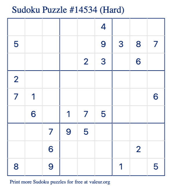 Free Printable Hard Sudoku Puzzle number 14534