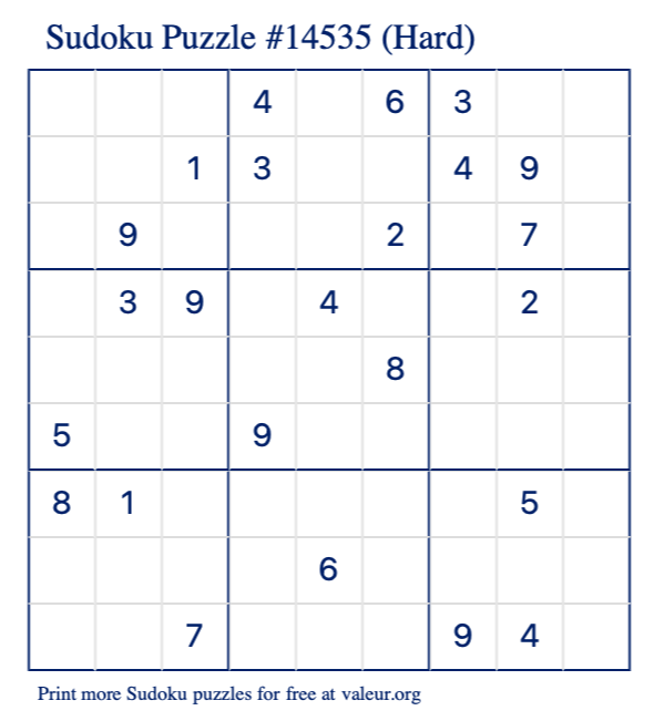 Free Printable Hard Sudoku Puzzle number 14535