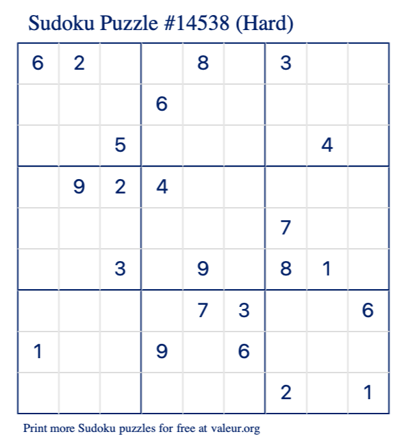 Free Printable Hard Sudoku Puzzle number 14538