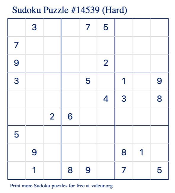 Free Printable Hard Sudoku Puzzle number 14539