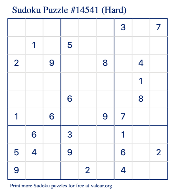 Free Printable Hard Sudoku Puzzle number 14541