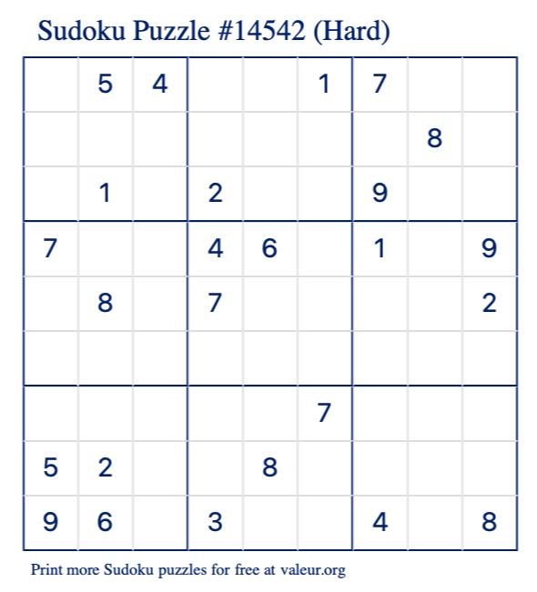 Free Printable Hard Sudoku Puzzle number 14542