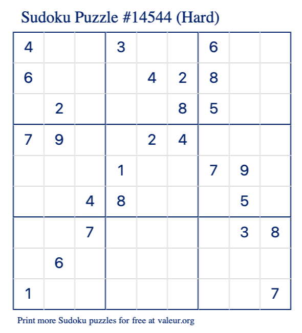 Free Printable Hard Sudoku Puzzle number 14544