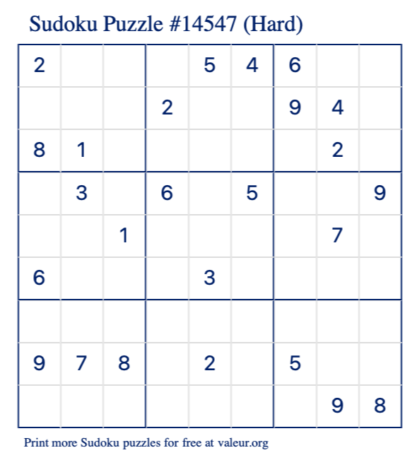 Free Printable Hard Sudoku Puzzle number 14547