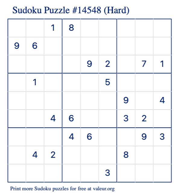 Free Printable Hard Sudoku Puzzle number 14548