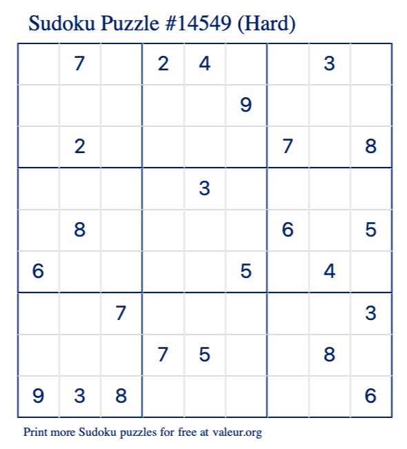Free Printable Hard Sudoku Puzzle number 14549