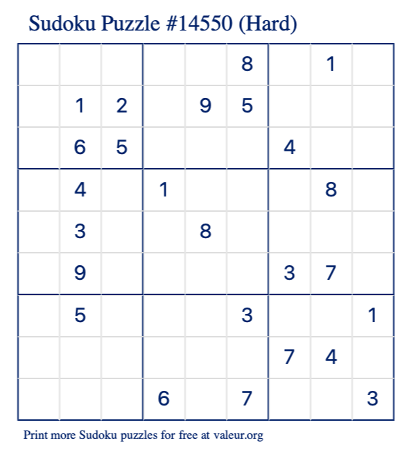 Free Printable Hard Sudoku Puzzle number 14550