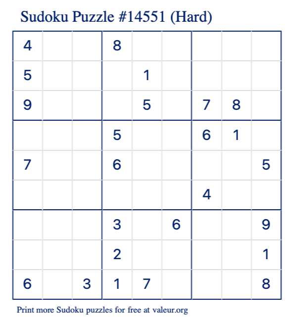 Free Printable Hard Sudoku Puzzle number 14551