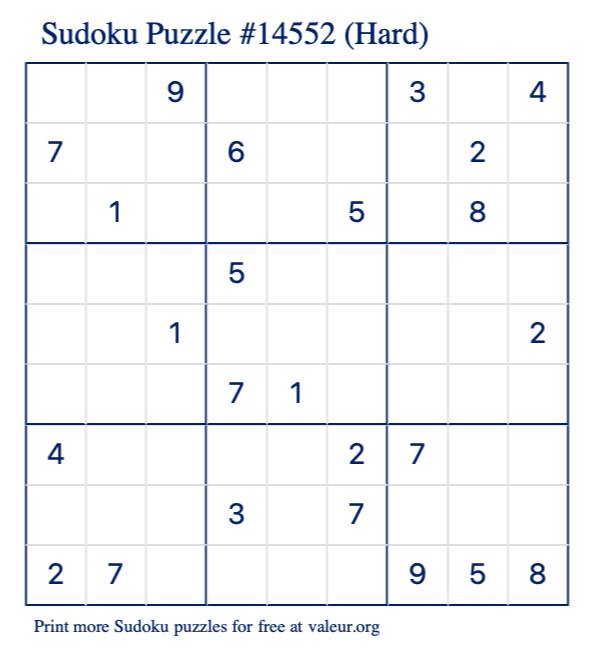 Free Printable Hard Sudoku Puzzle number 14552
