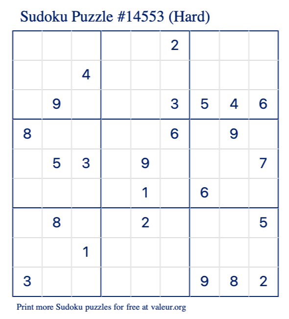 Free Printable Hard Sudoku Puzzle number 14553