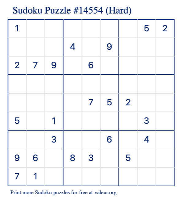 Free Printable Hard Sudoku Puzzle number 14554
