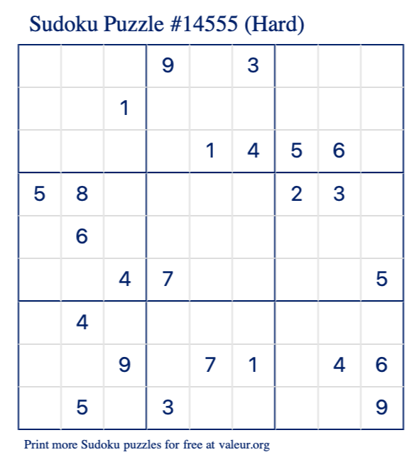 Free Printable Hard Sudoku Puzzle number 14555