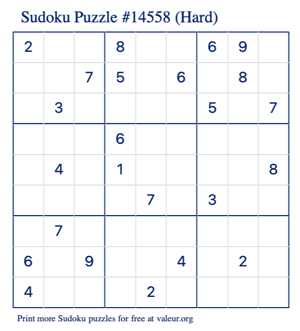 Free Printable Hard Sudoku Puzzle number 14558