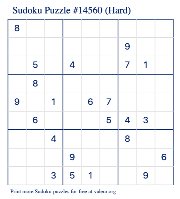 Free Printable Hard Sudoku Puzzle number 14560