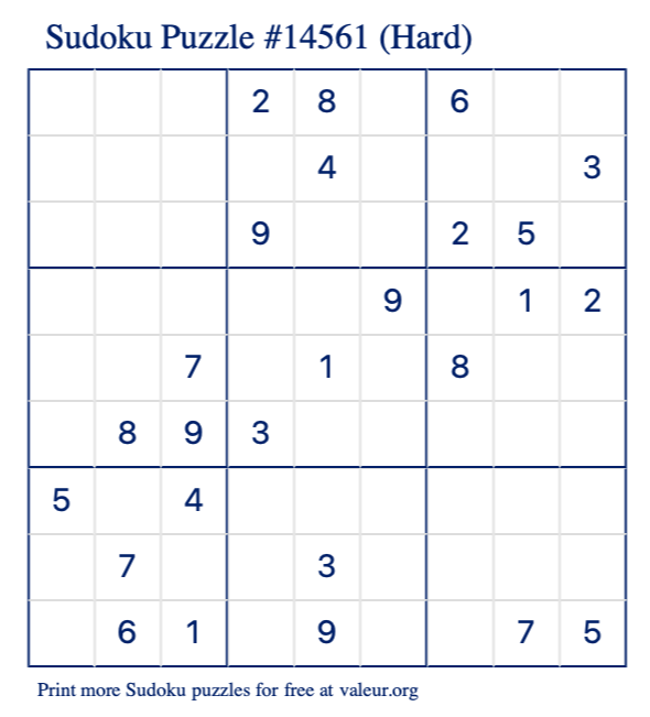 Free Printable Hard Sudoku Puzzle number 14561