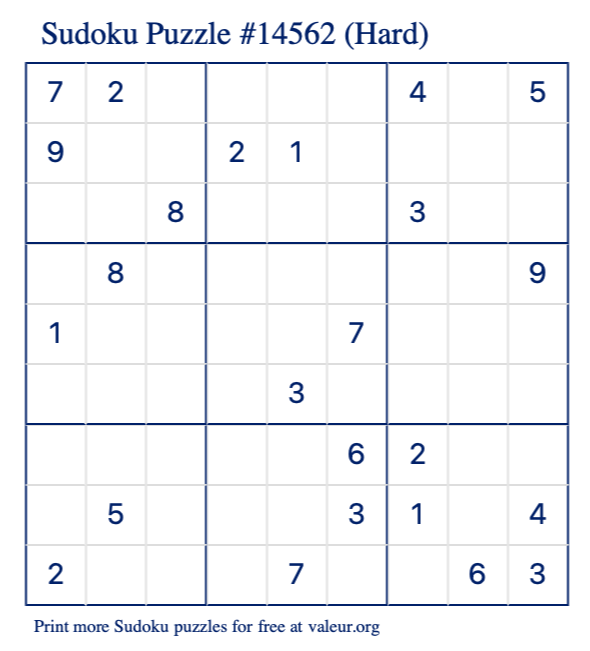 Free Printable Hard Sudoku Puzzle number 14562