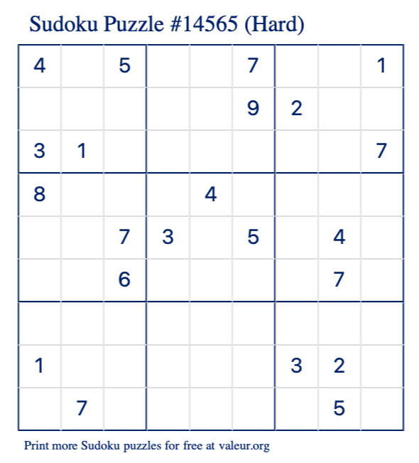 Free Printable Hard Sudoku Puzzle number 14565