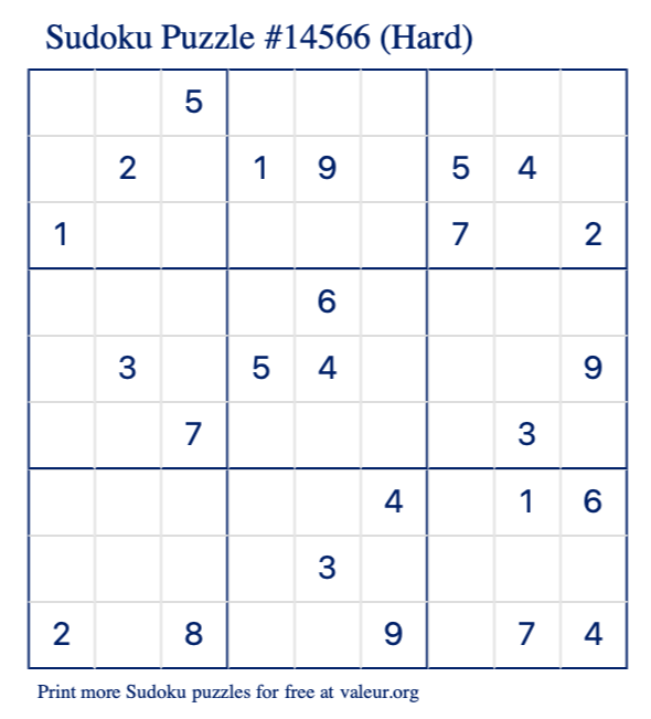 Free Printable Hard Sudoku Puzzle number 14566