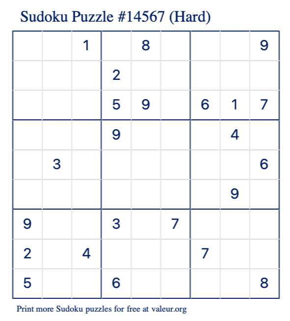 Free Printable Hard Sudoku Puzzle number 14567