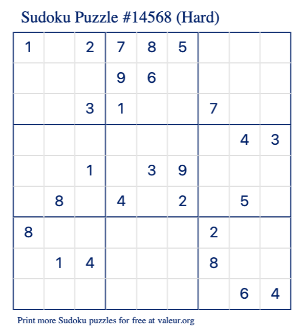 Free Printable Hard Sudoku Puzzle number 14568