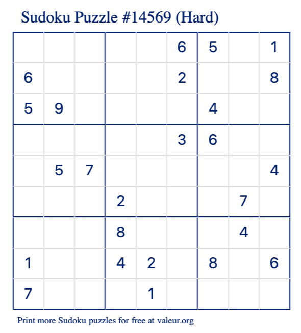 Free Printable Hard Sudoku Puzzle number 14569