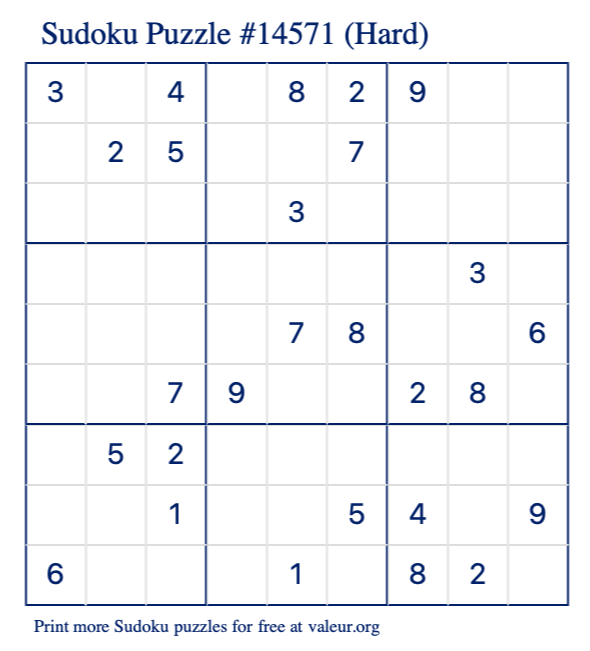 Free Printable Hard Sudoku Puzzle number 14571
