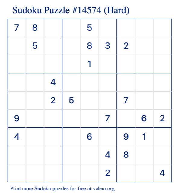 Free Printable Hard Sudoku Puzzle number 14574