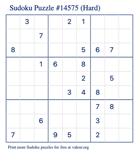 Free Printable Hard Sudoku Puzzle number 14575