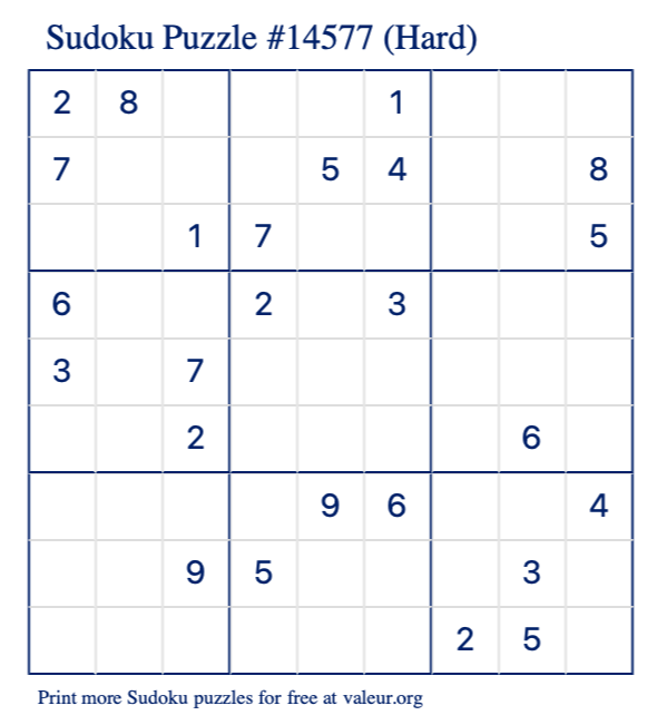 Free Printable Hard Sudoku Puzzle number 14577