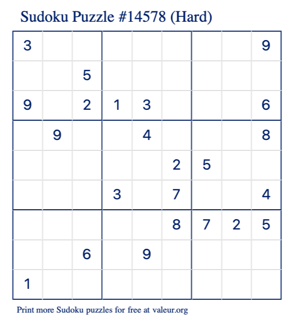 Free Printable Hard Sudoku Puzzle number 14578