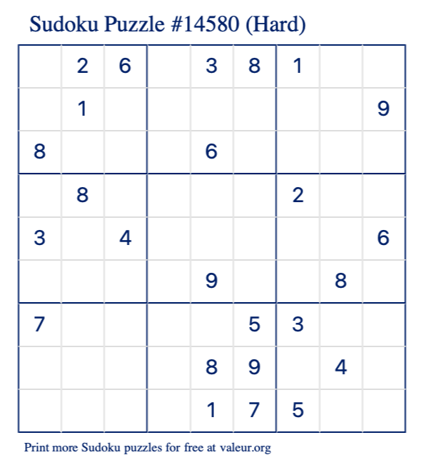 Free Printable Hard Sudoku Puzzle number 14580