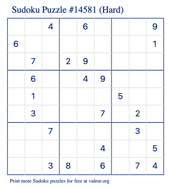 Free Printable Hard Sudoku Puzzle number 14581