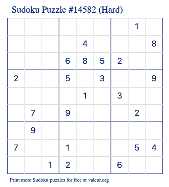 Free Printable Hard Sudoku Puzzle number 14582