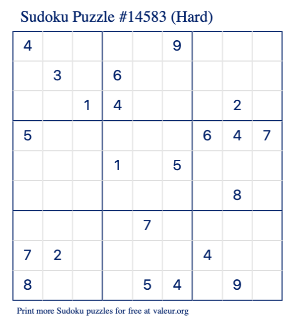 Free Printable Hard Sudoku Puzzle number 14583
